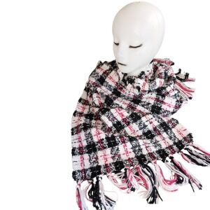 Karl‎ Lagerfeld Paris Womens Plaid Tweed Boucle Scarf Pink Black White Fringe